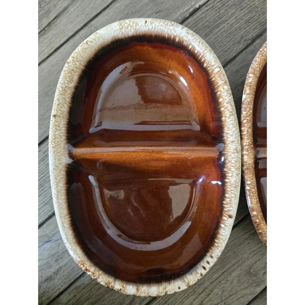 Set Of 2 Divided Oval Serving Dish Hull Oven Proof HP Co. Brown Drip Glaze 11